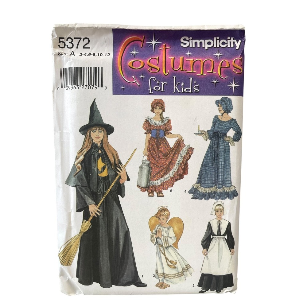 Simplicity 5372 Kids Costumes Witch Angel Pilgrim Colonial Girls Boys Size 2-12